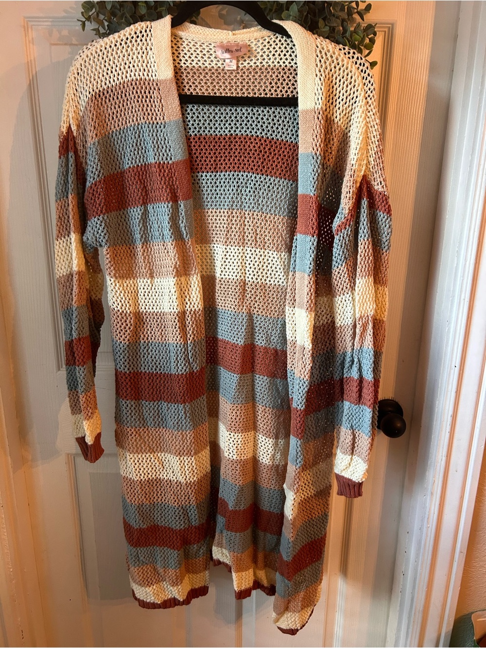 Striped Open-Knit Cardigan in Cream, Rust & Blue
